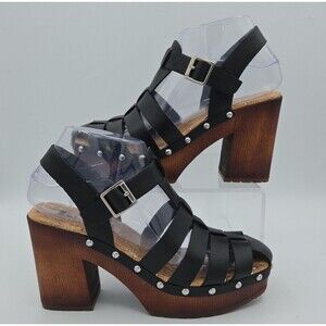NWOB Korks Womens Sz 6M Whitney Platform Wood Studded Black Fisherman Sandals